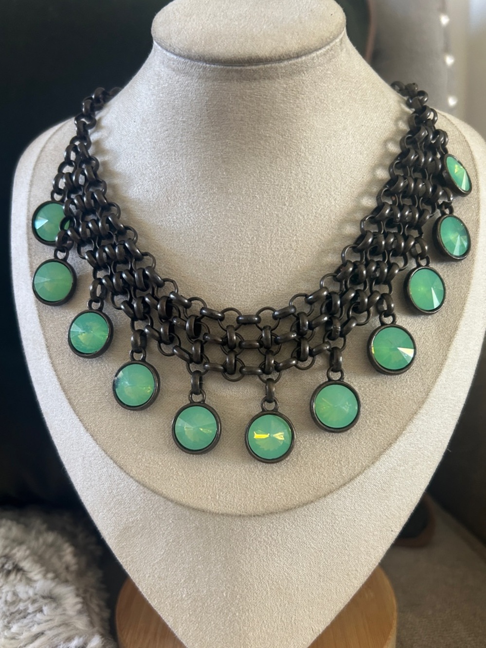 Green Multi-Row Crystal Drop Gunmetal Necklace